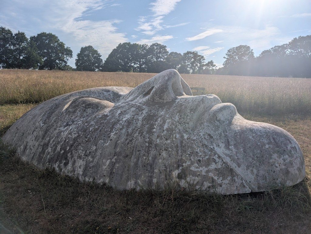 Stone face sculpture lying in a field at Laughton Lodge