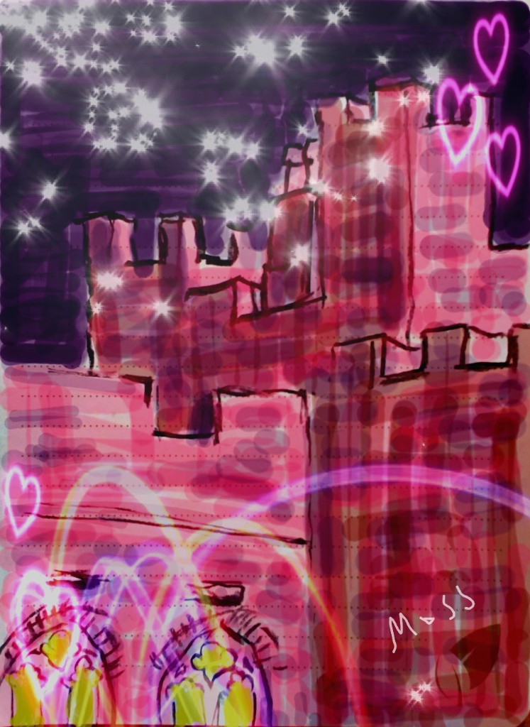 Stylised night painting of Featherstone Castle under a starry magenta sky, with glowing arches and hearts